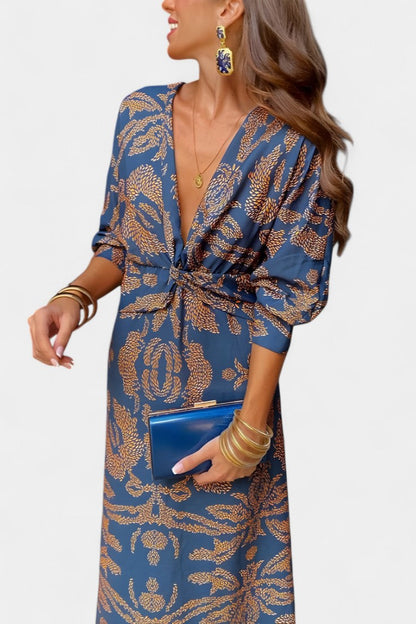 Elara V-Neck Knot Dress | Sculpted Waist, Fluid Drape