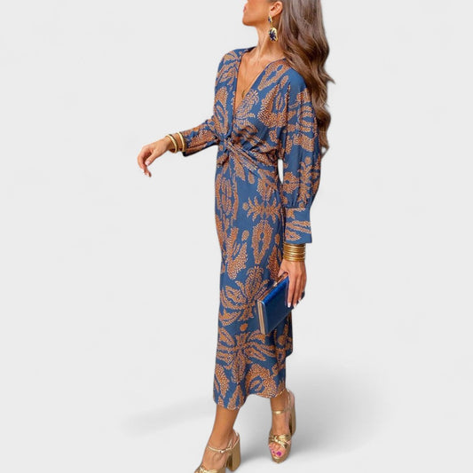 Sienna Midi Dress | Blue & Gold Print, Knot Front, Long Sleeve