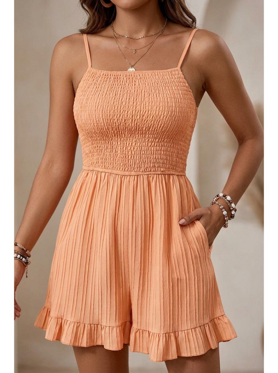 Smocked Ruffle Hem Playsuit Apricot - Detail Close-up